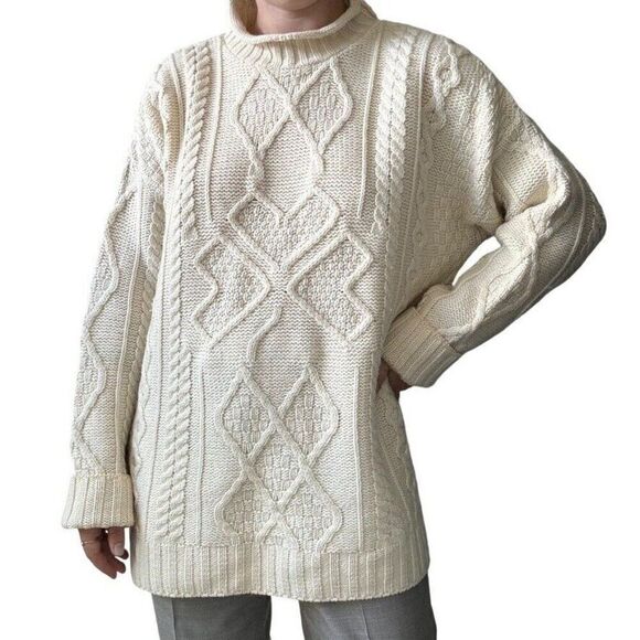 Aran Crafts Womens White 100% Merino Wool Cable Knit Fisherman Irish Sweater XXL - Picture 1 of 8